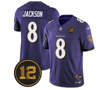 Men's Baltimore Ravens #8 Lamar Jackson Purple 2025 F.U.S.E Jacoby Jones Patch Vapor Limited Football Jersey