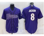 Men's Baltimore Ravens #8 Lamar Jackson Purple With Patch Cool Base Stitched Baseball Jersey