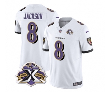 Men's Baltimore Ravens #8 Lamar Jackson White 2023 F.U.S.E With Patch Throwback Vapor Limited Stitched Jersey
