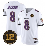 Men's Baltimore Ravens #8 Lamar Jackson White 2025 F.U.S.E Jacoby Jones Patch Vapor Limited Football Jersey