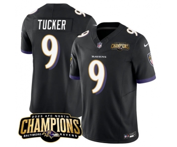 Men's Baltimore Ravens #9 Justin Tucker Black 2023 F.U.S.E. AFC North Champions Vapor Limited Football Stitched Jersey