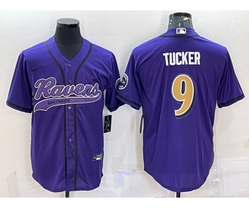 Men's Baltimore Ravens #9 Justin Tucker Purple Gold With Patch Cool Base Stitched Baseball Jersey