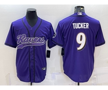 Men's Baltimore Ravens #9 Justin Tucker Purple With Patch Cool Base Stitched Baseball Jersey