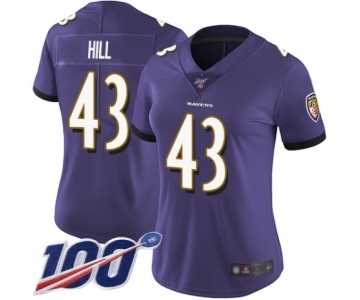 Women's Baltimore Ravens #43 Justice Hill Purple Team Color Vapor Untouchable Limited Player 100th Season Football Jersey