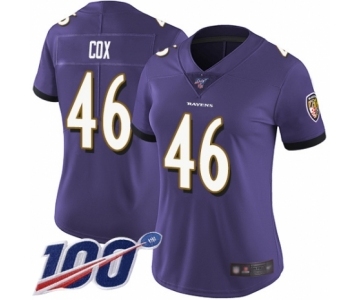 Women's Baltimore Ravens #46 Morgan Cox Purple Team Color Vapor Untouchable Limited Player 100th Season Football Jersey