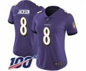 Women's Nike Baltimore Ravens #8 Lamar Jackson Purple Team Color Vapor Untouchable Limited Player 100th Season NFL Jersey