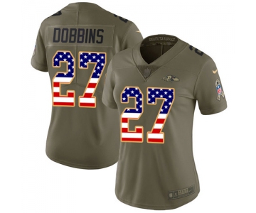 Women's Nike Ravens #27 J.K. Dobbins Olive USA Flag Stitched NFL Limited 2017 Salute To Service Jersey
