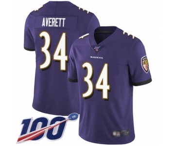 Youth Baltimore Ravens #34 Anthony Averett Purple Team Color Vapor Untouchable Limited Player 100th Season Football Jersey