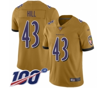 Youth Baltimore Ravens #43 Justice Hill Limited Gold Inverted Legend 100th Season Football Jersey
