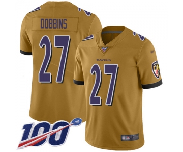 Youth Nike Ravens #27 J.K. Dobbins Gold Stitched NFL Limited Inverted Legend 100th Season Jersey