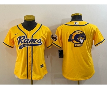 Women's Los Angeles Rams Yellow Team Big Logo With Patch Cool Base Stitched Baseball Jersey
