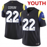 Youth los angeles rams #22 blake corum midnight blue 2025 f.u.s.e. “rivalries” vapor limited stitched football jersey