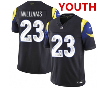 Youth los angeles rams #23 kyren williams midnight blue 2025 f.u.s.e. “rivalries” vapor limited football stitched jersey