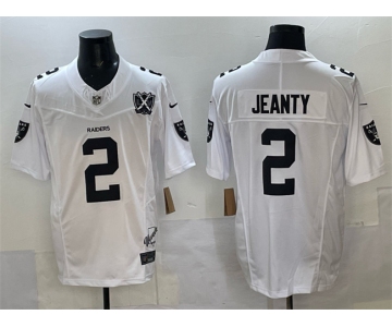 Men's Las Vegas Raiders #2 Ashton Jeanty White 2025 Draft F.U.S.E. With Nevada Silver Stat Patch And 65th Anniversary Patch Stitched Football Jersey