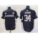 Men's Las Vegas Raiders #34 Bo Jackson Black With Nevada Silver Stat Patch And 65th Anniversary Patch 3-Star C Patch Stitched Baseball Jersey