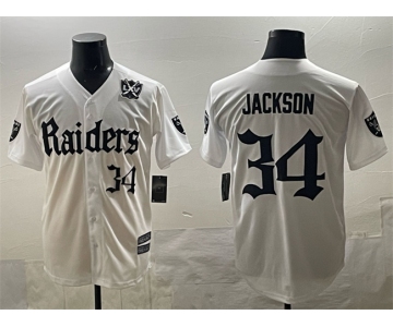 Men's Las Vegas Raiders #34 Bo Jackson White 'Gothic Sin City Shadows Edition' With 65th Anniversary Patch Vapor Limited Stitched Baseball Jersey