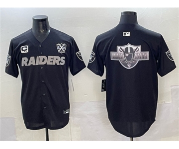 Men's Las Vegas Raiders Team Big Logo Black With Nevada Silver Stat Patch And 65th Anniversary Patch 3-Star C Patch Stitched Baseball Jersey