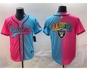 Men's Las Vegas Raiders Team Big Logo Pink Blue Limited Stitched Baseball Jersey