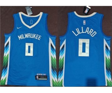 Men's Milwaukee Bucks #0 Damian Lillard Blue 2022-23 City Edition Stitched Basketball Jersey